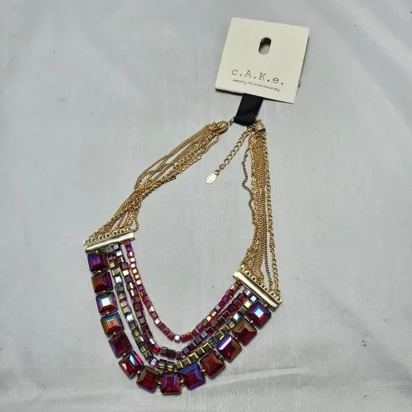 Cake by Ali Khan 4 row iridescent crystal red bead with 8 row gold strand neck - Picture 4 of 8